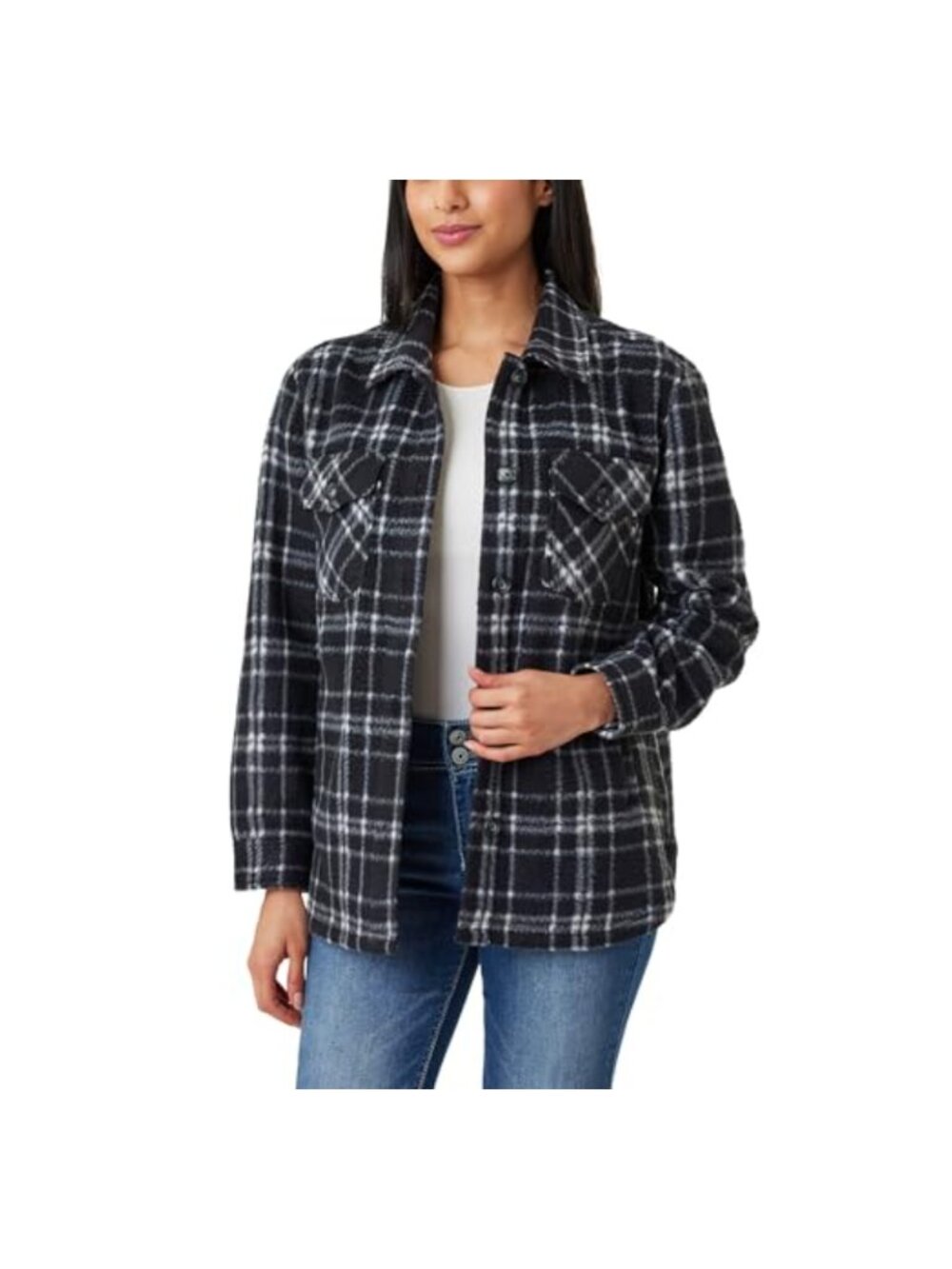 Fleece Plaid Shacket Button Down Relaxed Fit Long Sleeve